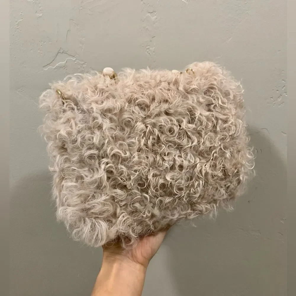 Beige Genuine Curly Shearling Top Handle & Fold Over Flap Purse, Crossbody